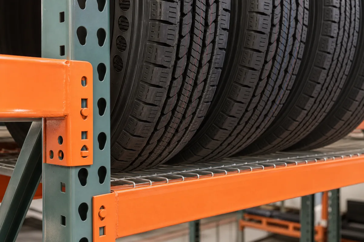 Rack beam level with commercial truck tires resting on their tread on wire mesh decking