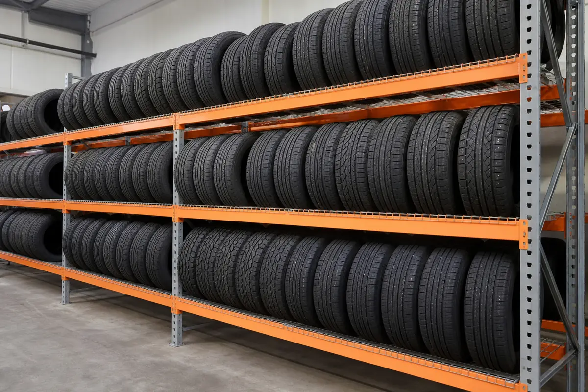 Roll-formed selective pallet racking in a tire service shop holding light-truck and passenger tires stored on the tread