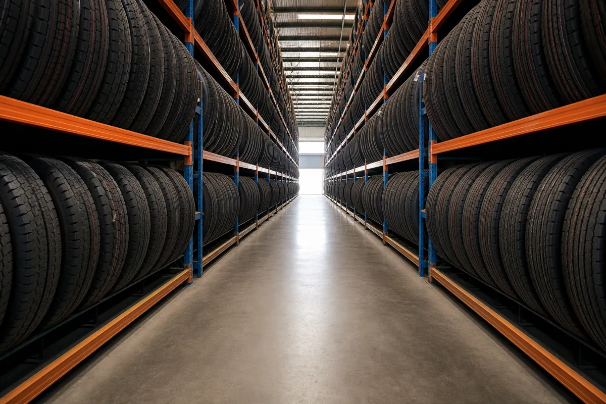 Long aisle of heavy structural steel racking loaded with commercial truck tires stored upright on the tread