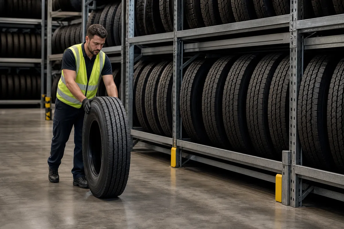 Warehouse worker in a hi-vis vest rolling a heavy commercial truck tire on its tread beside steel tire racking