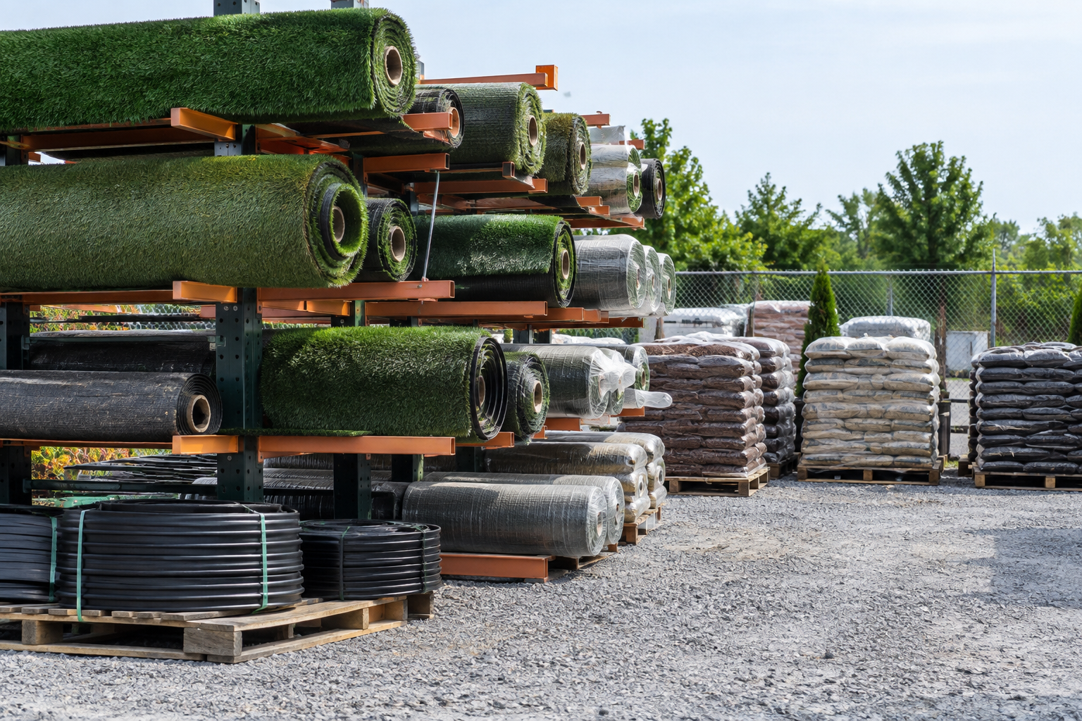 Outdoor storage yard with cantilever rack holding rolls of artificial turf next to palletized bags of soil amendments