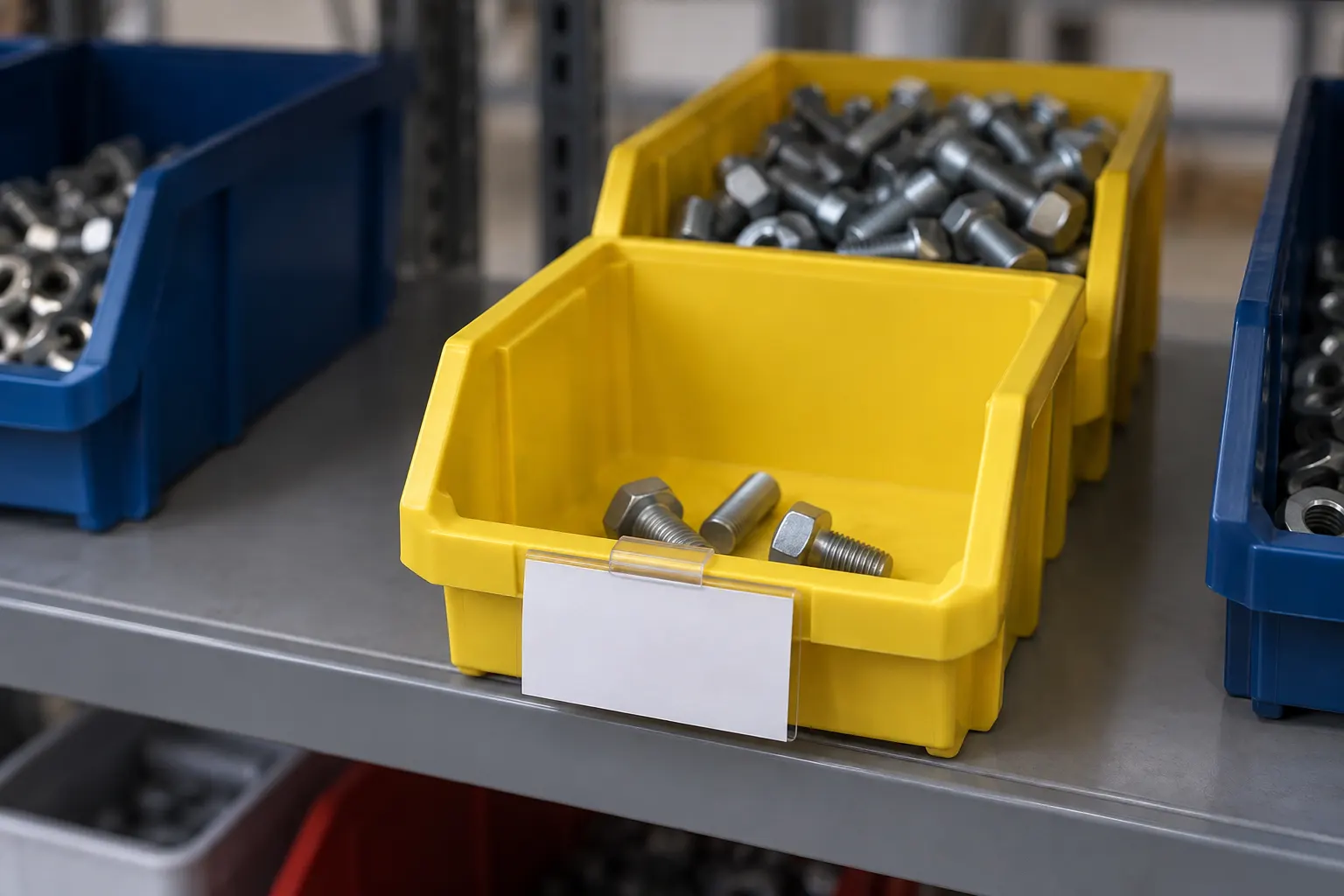Two-bin kanban setup on a steel shelf with a nearly empty front bin and a full reserve bin of bolts behind it