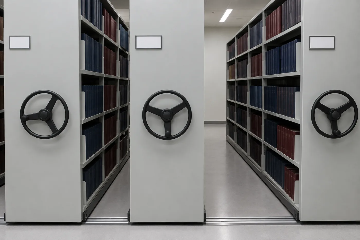 Mobile shelving carriages with handwheels holding rows of bound theses and dissertations in a university archive