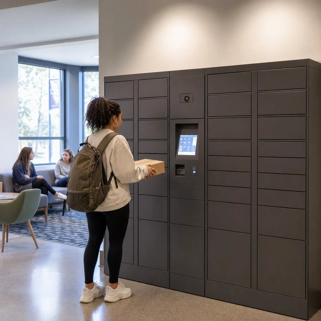 Student picking up a package from a smart locker kiosk in a campus lobby