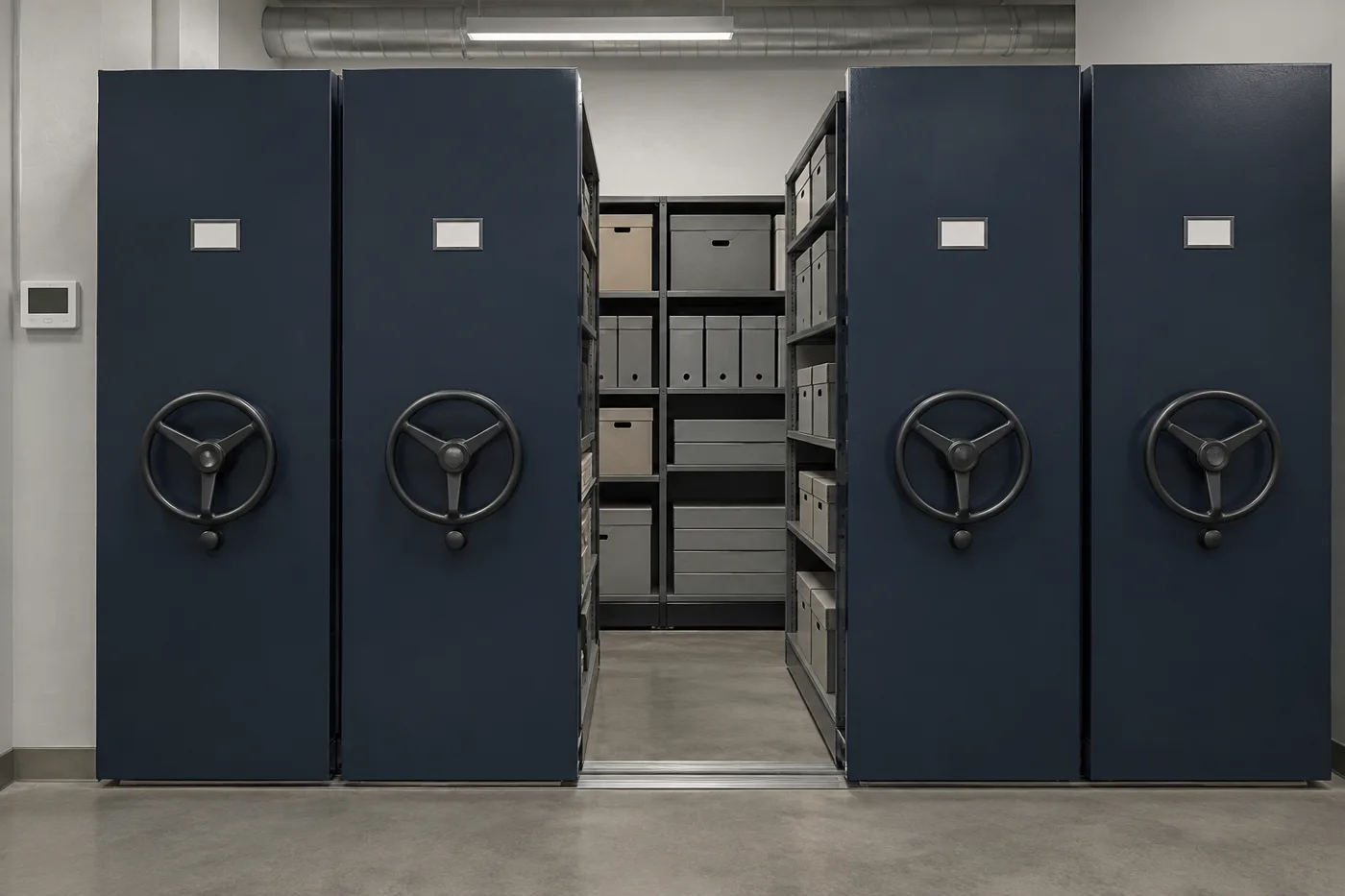 Navy mobile shelving carriages with handwheels and lock knobs in a university special collections stack room, one aisle open to archival document boxes