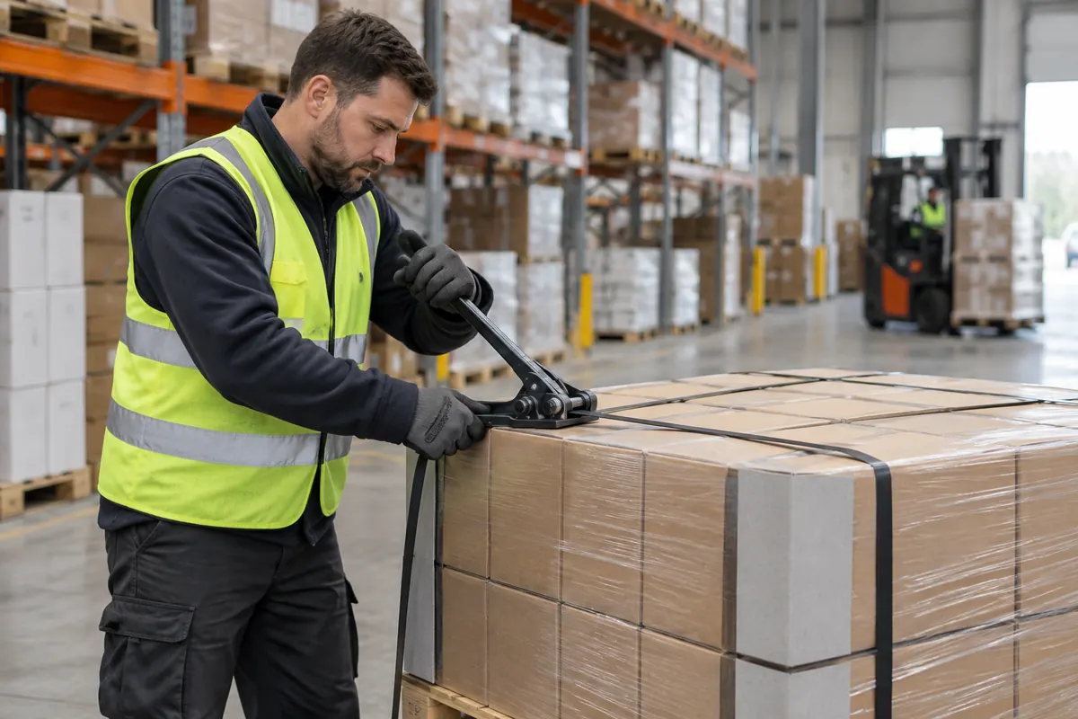 Warehouse worker tightening black poly strapping with a hand tensioner over edge protectors on a wrapped pallet