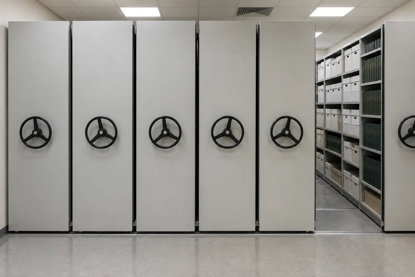 Front-facing mobile shelving carriage ends with three-spoke handwheels in a city records room holding records boxes and bound volumes