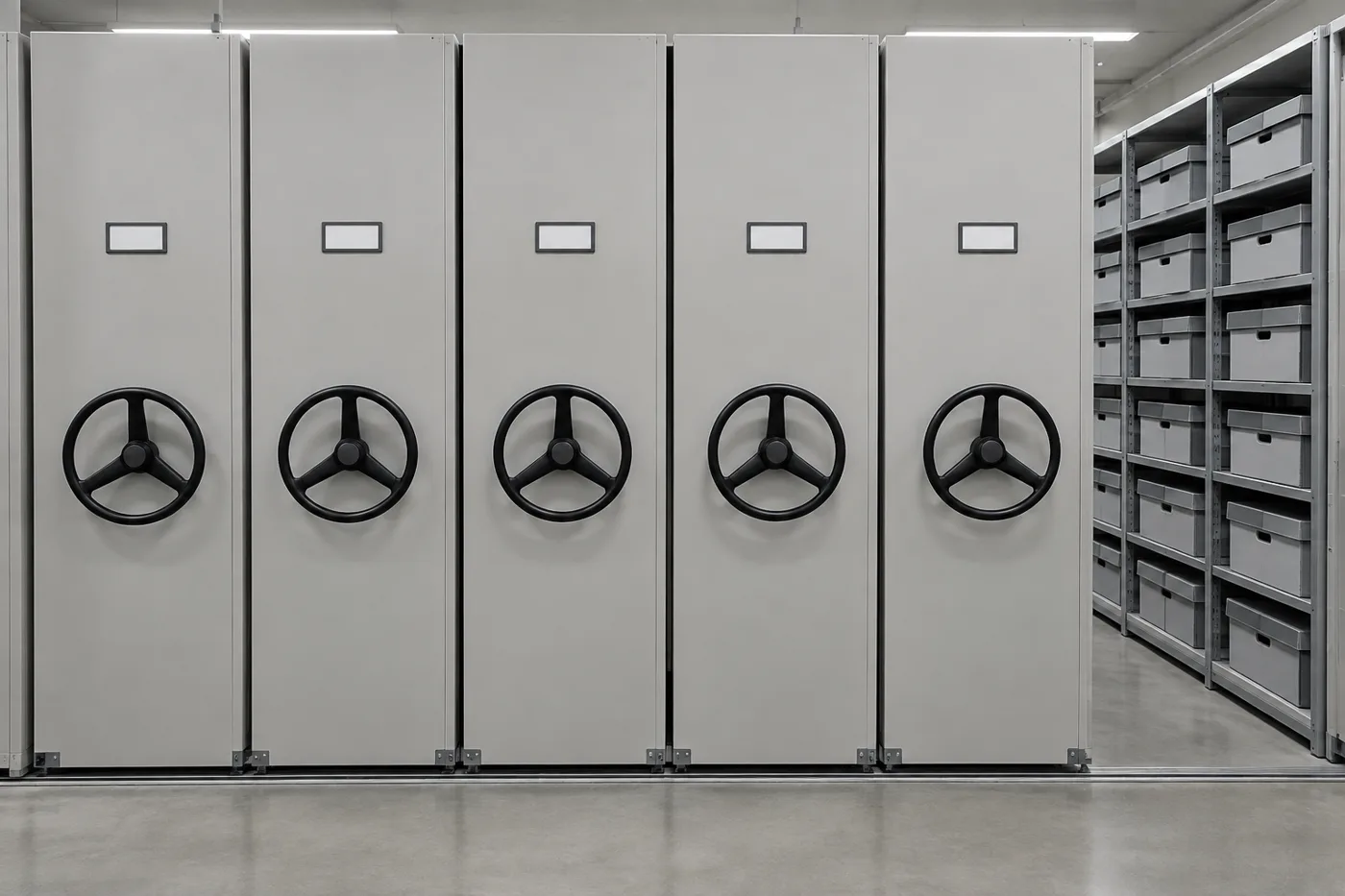 Front-facing mobile shelving carriage end panels with waist-height handwheels in a Utah records and archives room, one aisle open to lidded record boxes