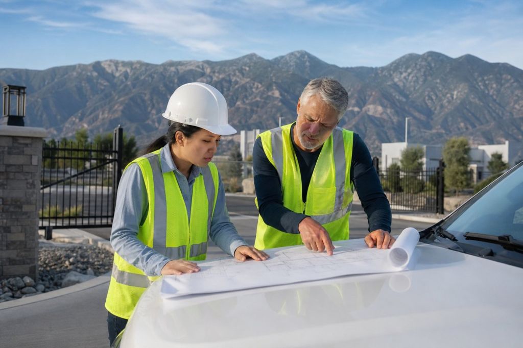 Engineer and facility manager reviewing site plan drawings at an industrial entrance in Utah