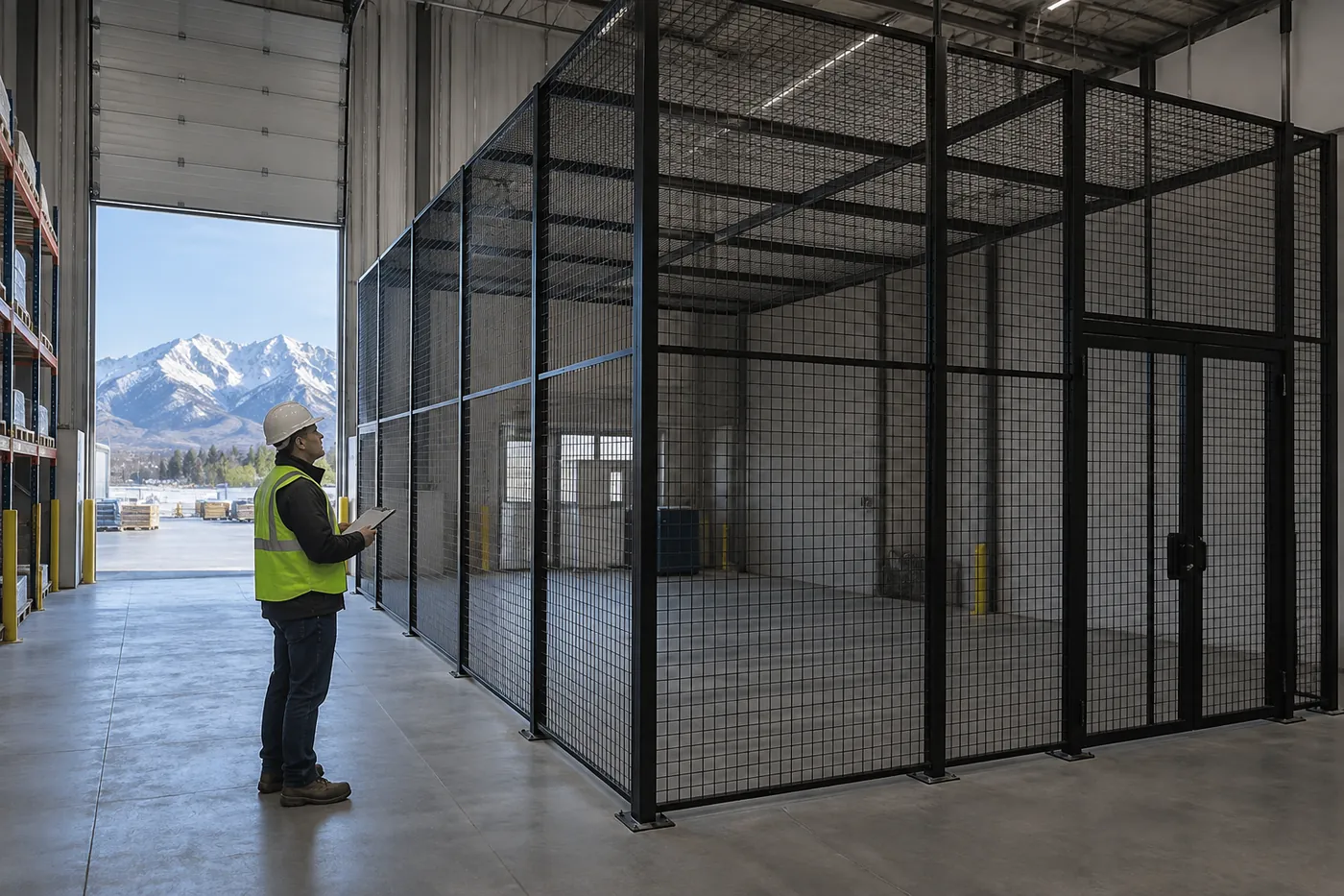 Building inspector with a clipboard reviewing a tall black wire mesh security cage with a mesh ceiling in a Utah warehouse, mountains visible through the dock door