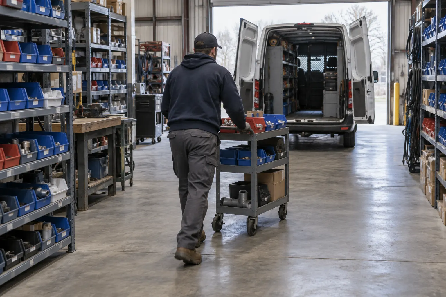 Technician pushing a utility cart of parts totes from bin shelving toward an open service van in a contractor shop