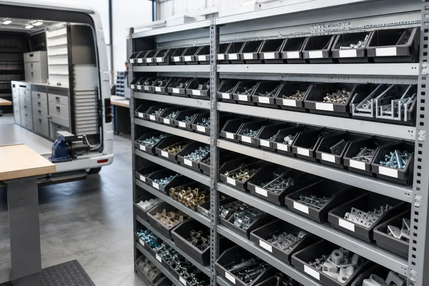 Bin shelving holding fasteners, brackets and hardware kits in a van upfit shop