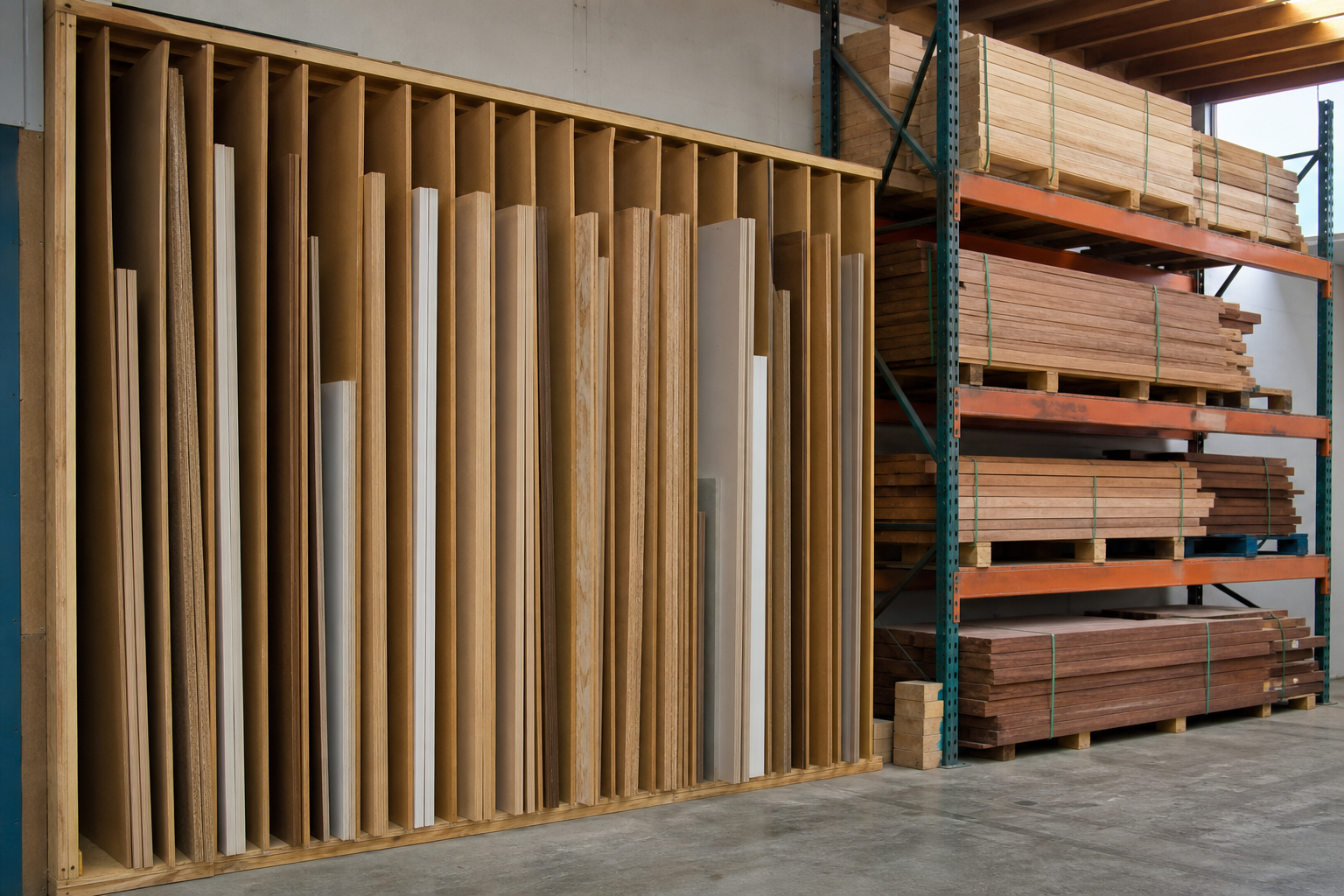 Vertical sheet storage rack with dividers holding plywood and melamine panels on edge