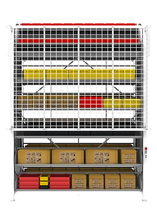 Front view of a Vidir shelving carousel holding labeled cartons and bins