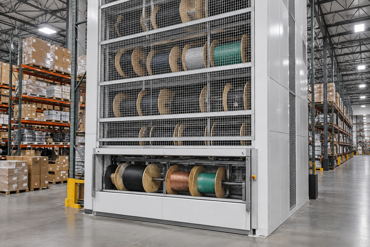 Vertical carousel storing electrical cable drums and wire reels in a distribution warehouse