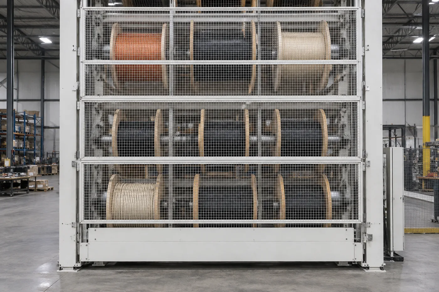 Front view of a Vidir vertical carousel loaded with electrical wire and cable drums behind a wire mesh guard