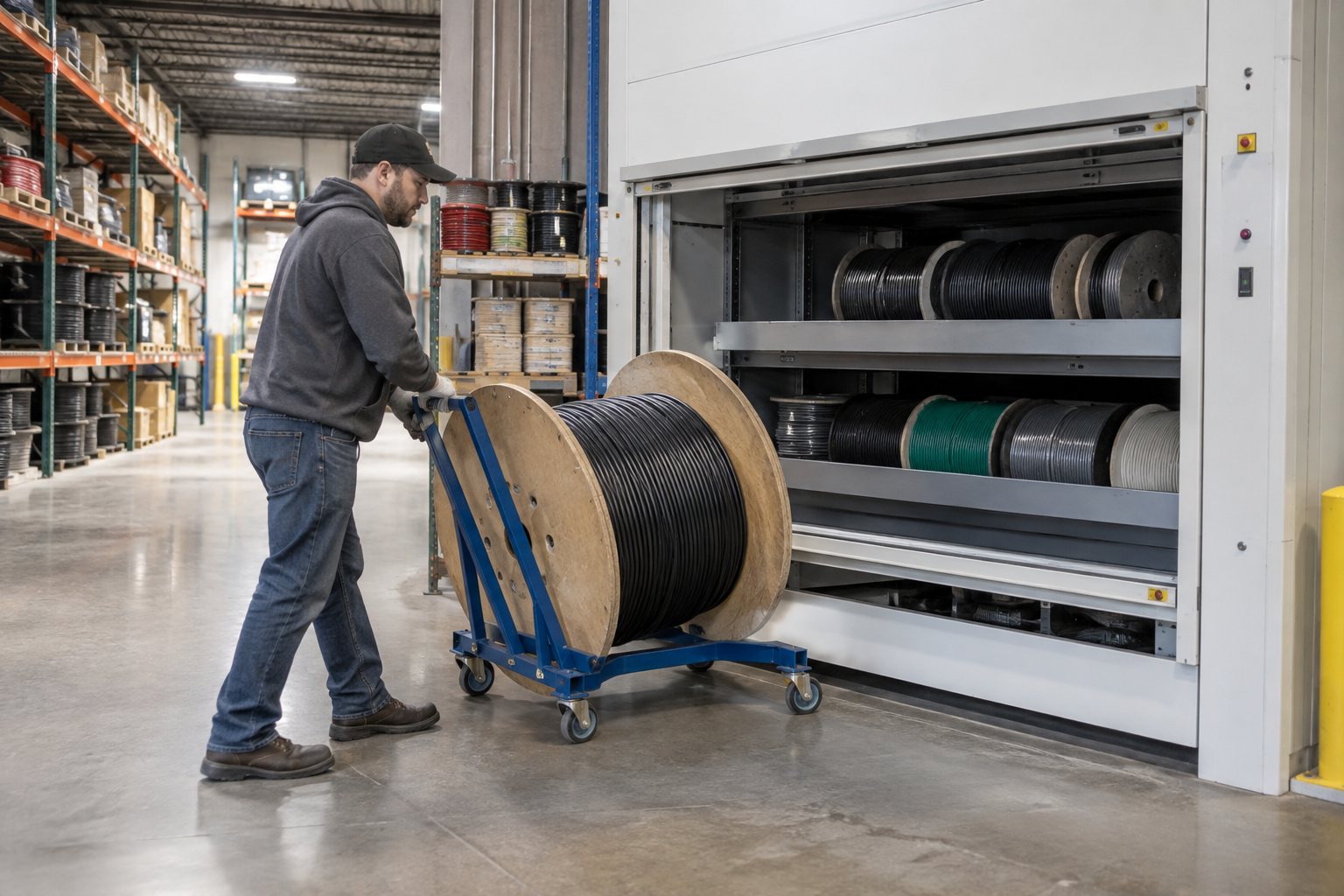 Warehouse worker loading a large cable drum into a vertical carousel at an electrical supply distributor