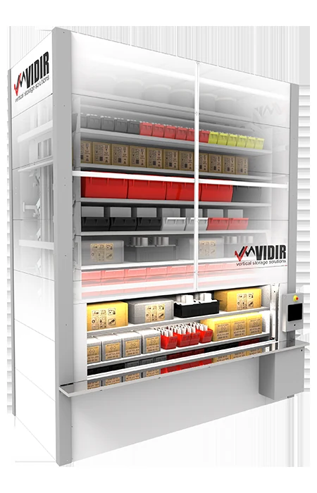 Vidir pan carousel carriers loaded with small parts, boxes and divided bins