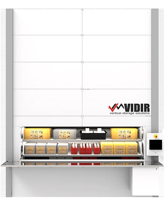 Front view of a Vidir Pan Carousel showing the pick opening and touchscreen control