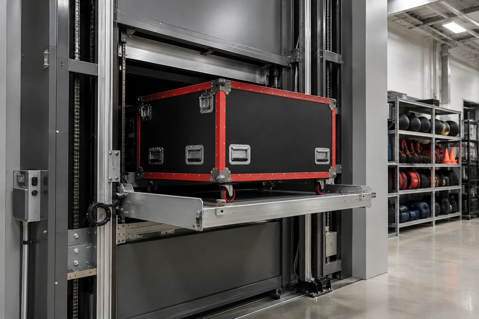 AI illustration close-up of a wheeled equipment trunk being retrieved from an automated vertical storage lift