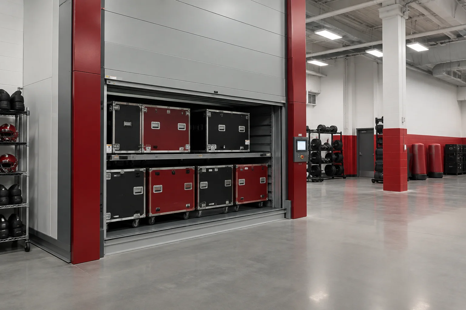 AI illustration of an automated vertical trunk lift storing large team equipment trunks in an athletic facility equipment room