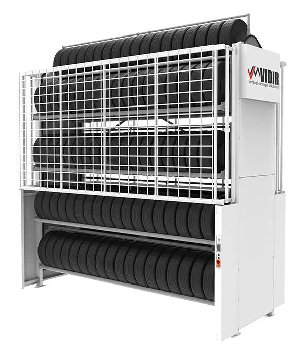 Vidir Tire Carousel vertical tire storage unit, angled view showing tire carriers