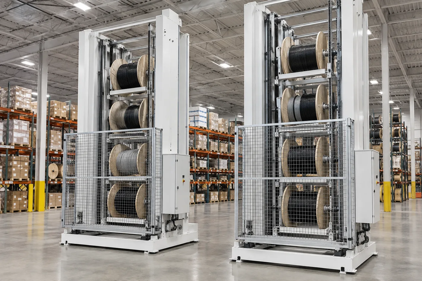 Two Vidir vertical carousels loaded with electrical wire and cable drums installed side by side in a warehouse