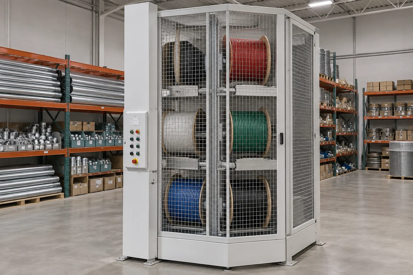 Compact Vidir Wire Carousel holding electrical building wire spools in a contractor warehouse