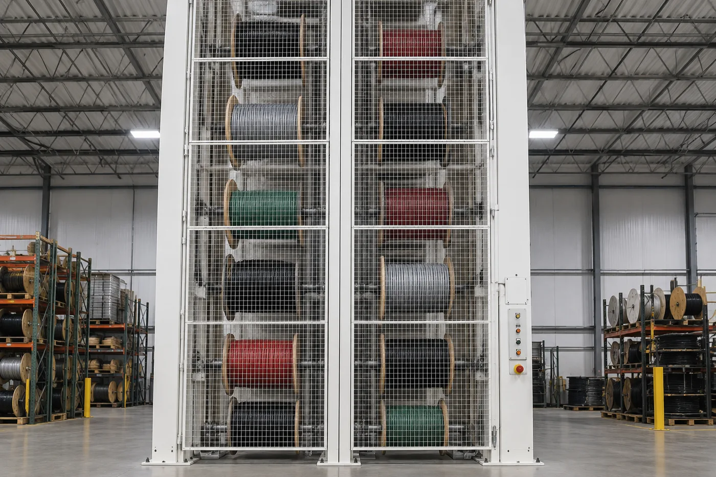 Tall Vidir Wire Carousel holding electrical cable reels in a utility materials warehouse