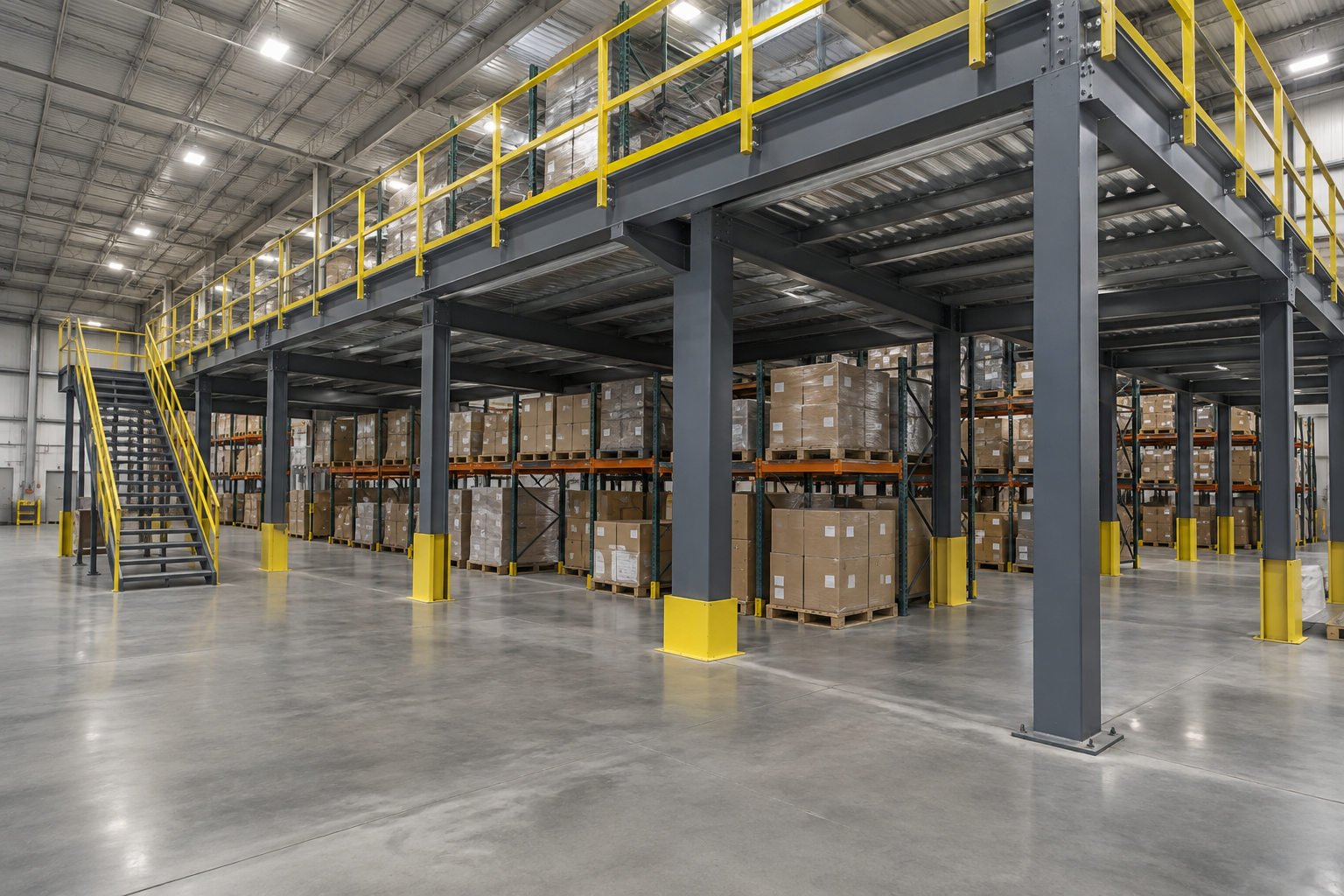 Warehouse mezzanine structure with safety guardrail above pallet rack storage below