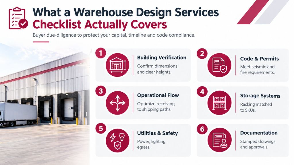 An infographic titled Warehouse Design Services Checklist outlining six essential steps for building due diligence.