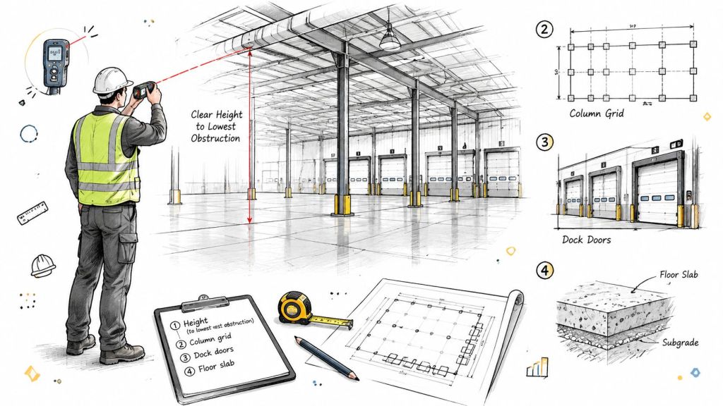 A professional construction worker uses a laser measure to check warehouse dimensions on a clipboard checklist.