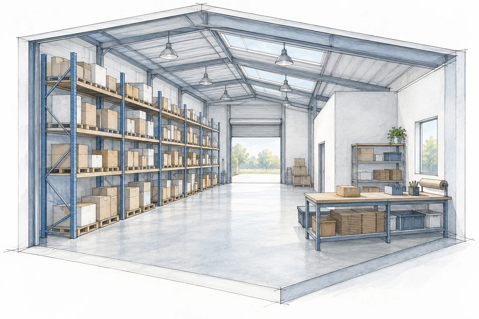 AI-generated warehouse planning sketch with racks, open space and packing bench