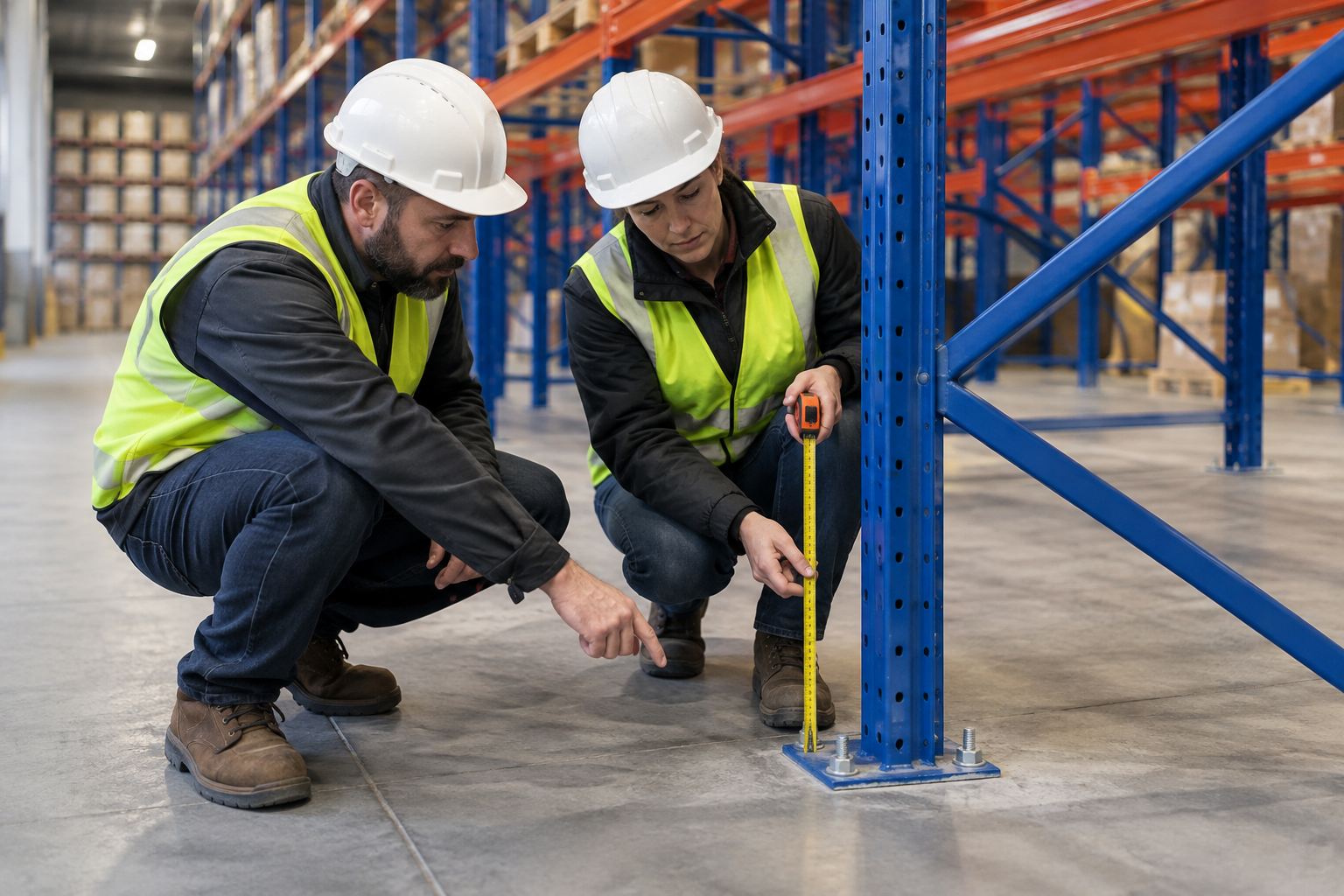 Two workers checking pallet rack anchor bolts and frame alignment during an installation review