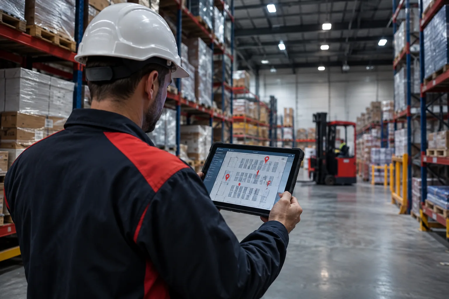 Warehouse worker using warehouse mapping software on a tablet with rack location markers