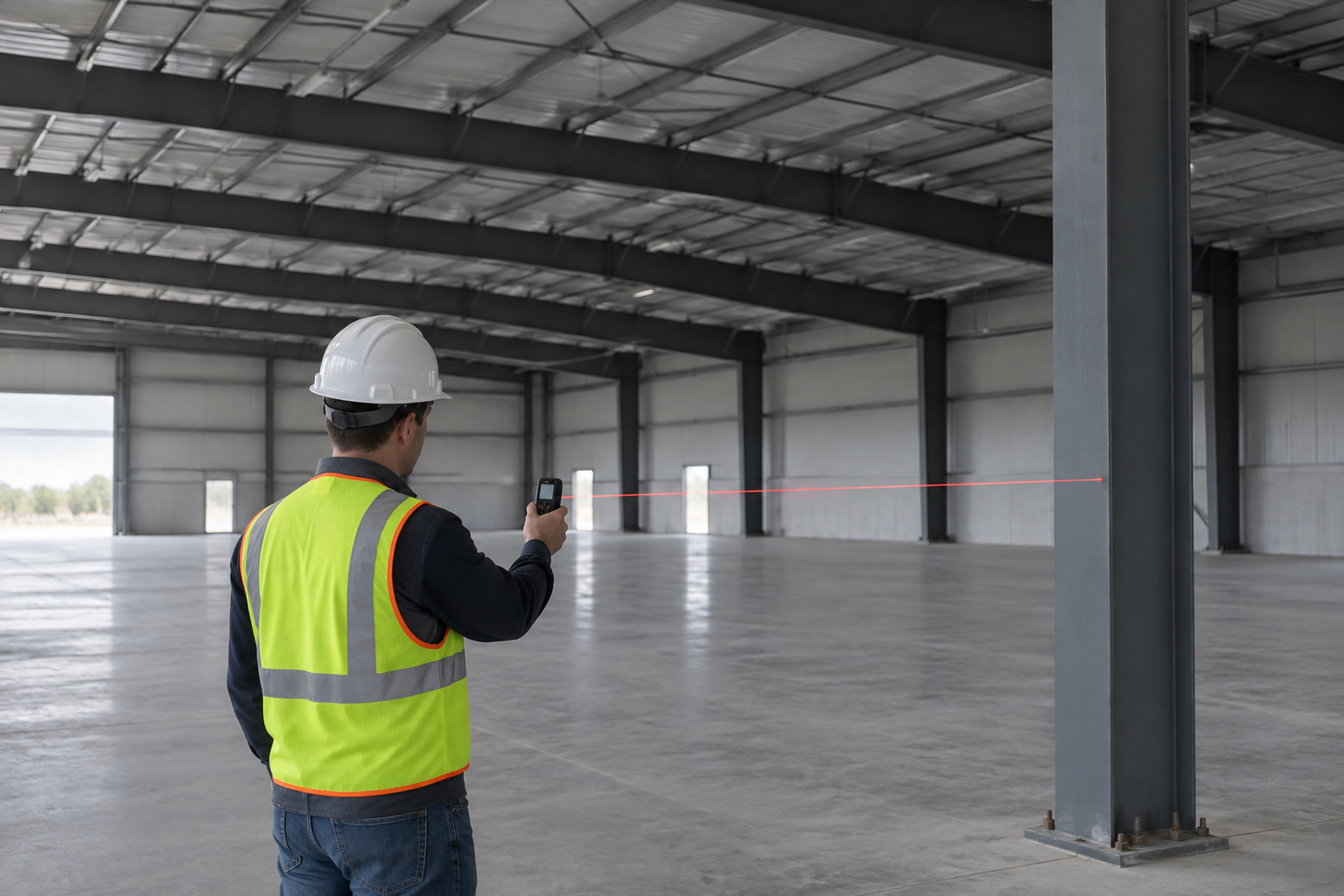 Worker measuring clear height and column spacing inside an empty warehouse building shell