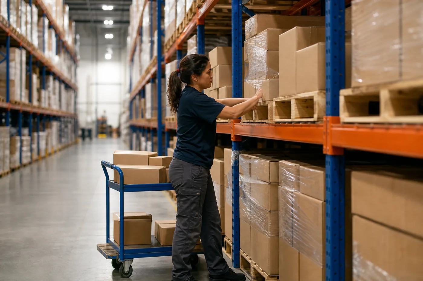 Warehouse picker taking cases from the golden zone of a rack bay with slow movers on higher beam levels