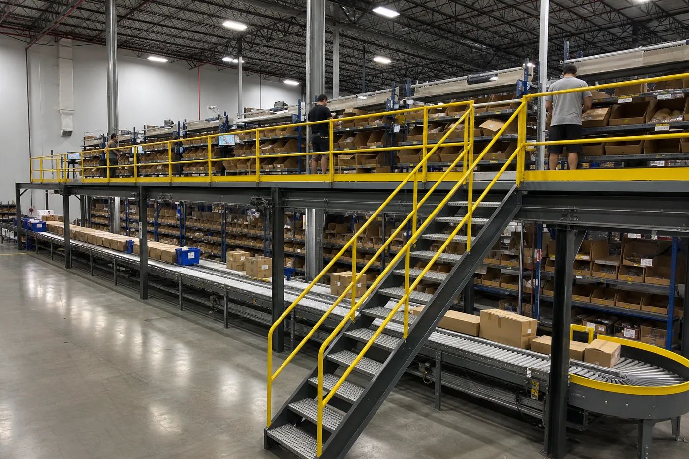 Two-level rack-supported pick module with takeaway conveyor and case flow lanes in a distribution center