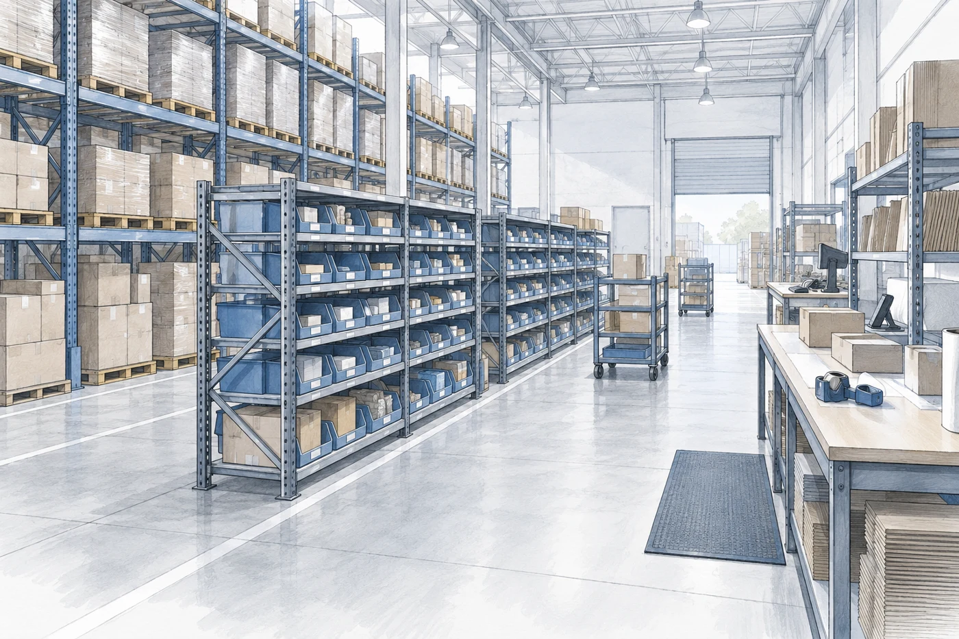 AI-generated planning illustration: A warehouse picking area with clearly separated reserve cartons, forward pick bins, packing table and open cart aisle