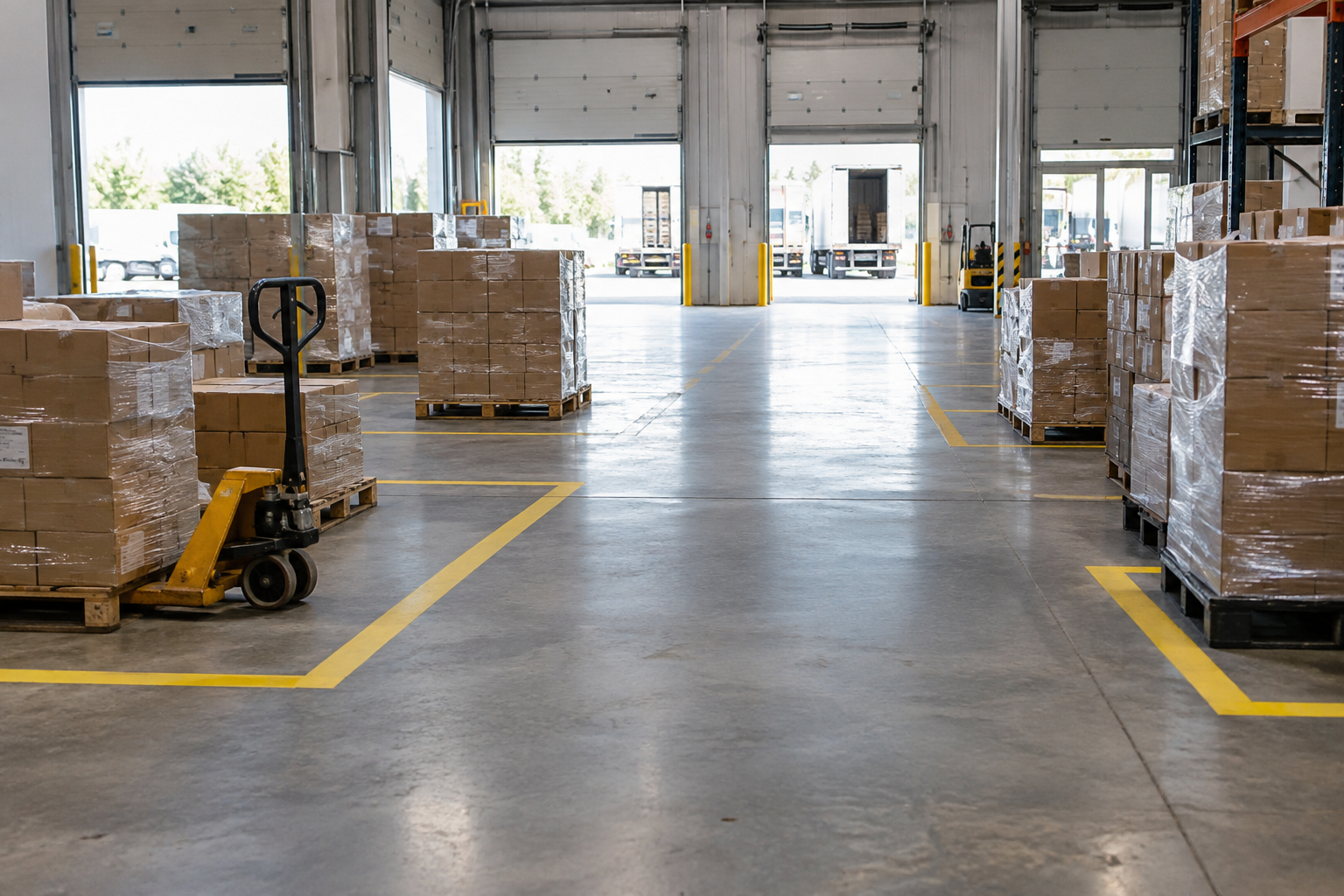 Warehouse floor with painted zone marking lines separating receiving and shipping near open dock doors