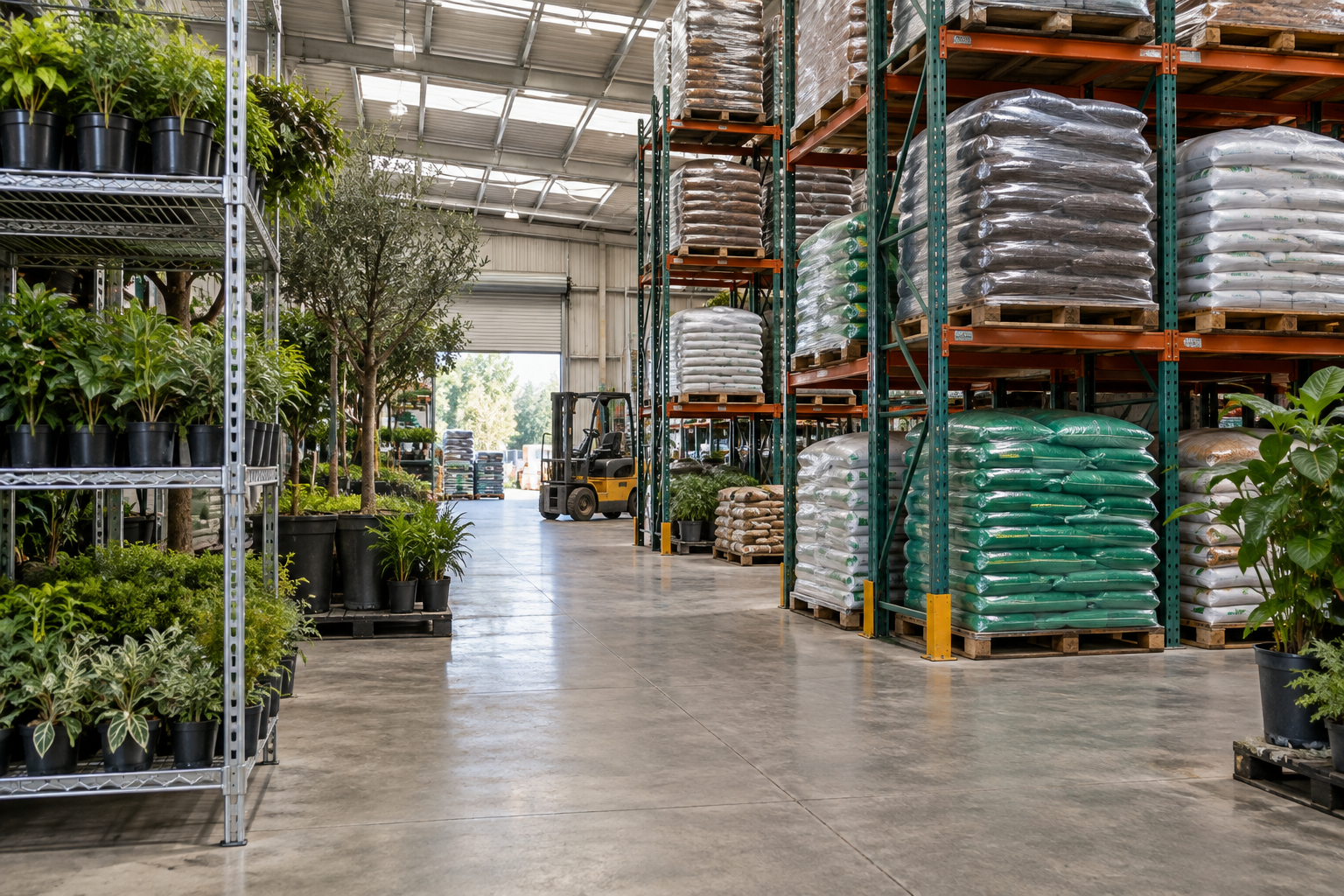Steel selective pallet racking holding pallets of bagged potting soil and fertilizer next to potted nursery plants staged on wire shelving in a wholesale plant nursery warehouse