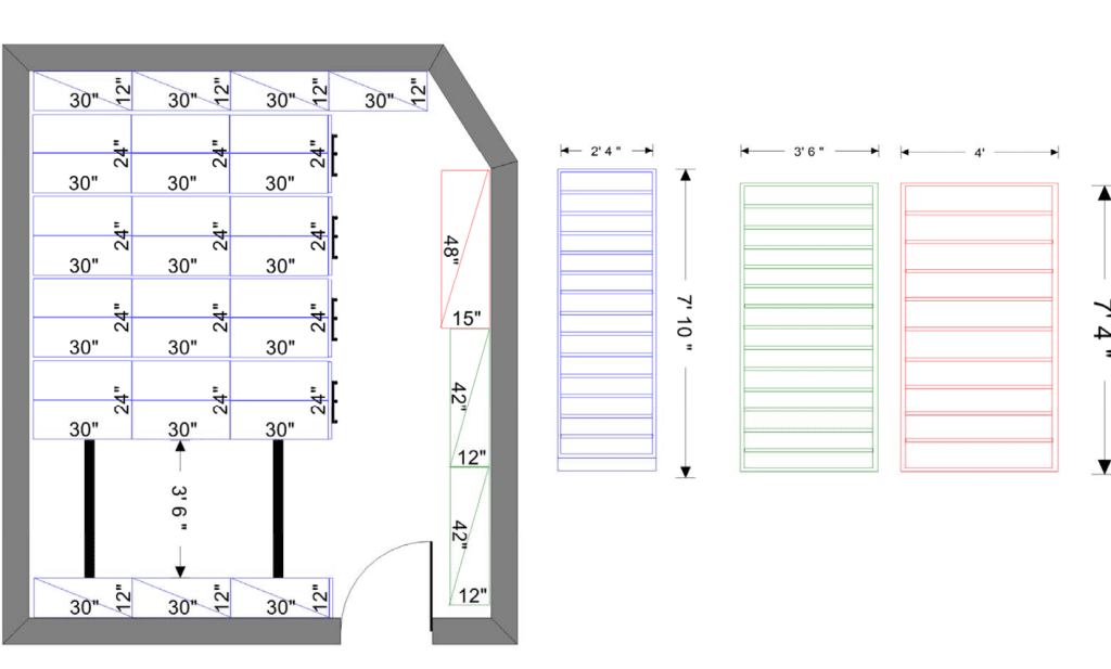 Mobile shelving layout drawing for a residential wine cellar with carriage plan and shelf elevations