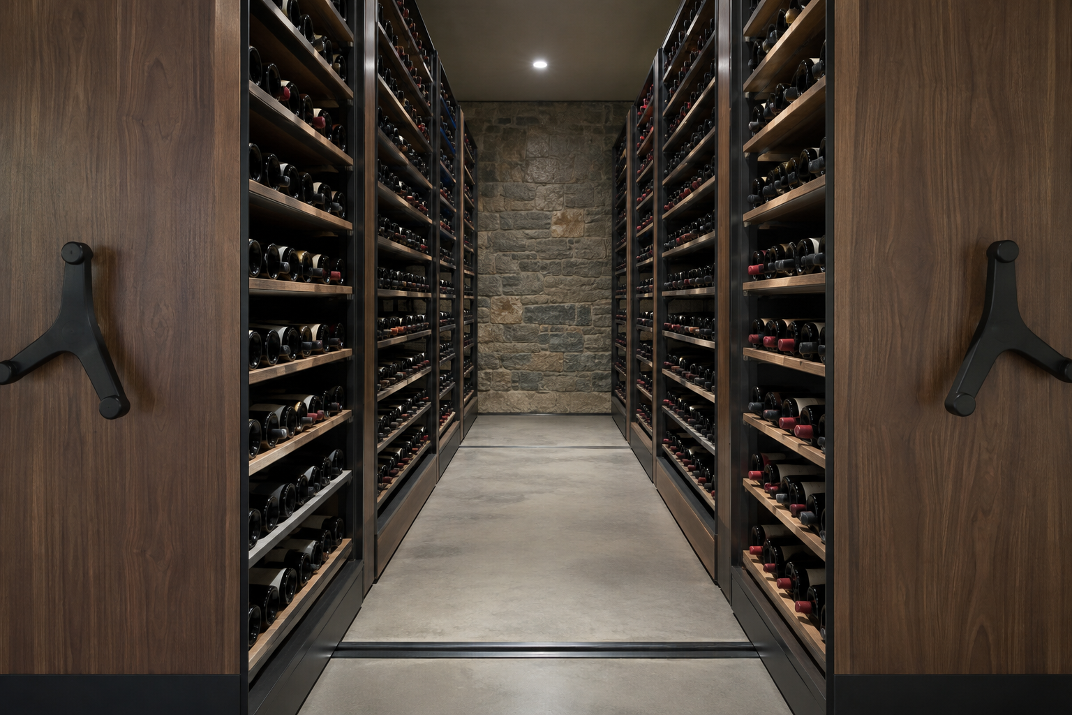 Open aisle inside a mobile shelving system holding wine bottles on closely spaced shelf levels
