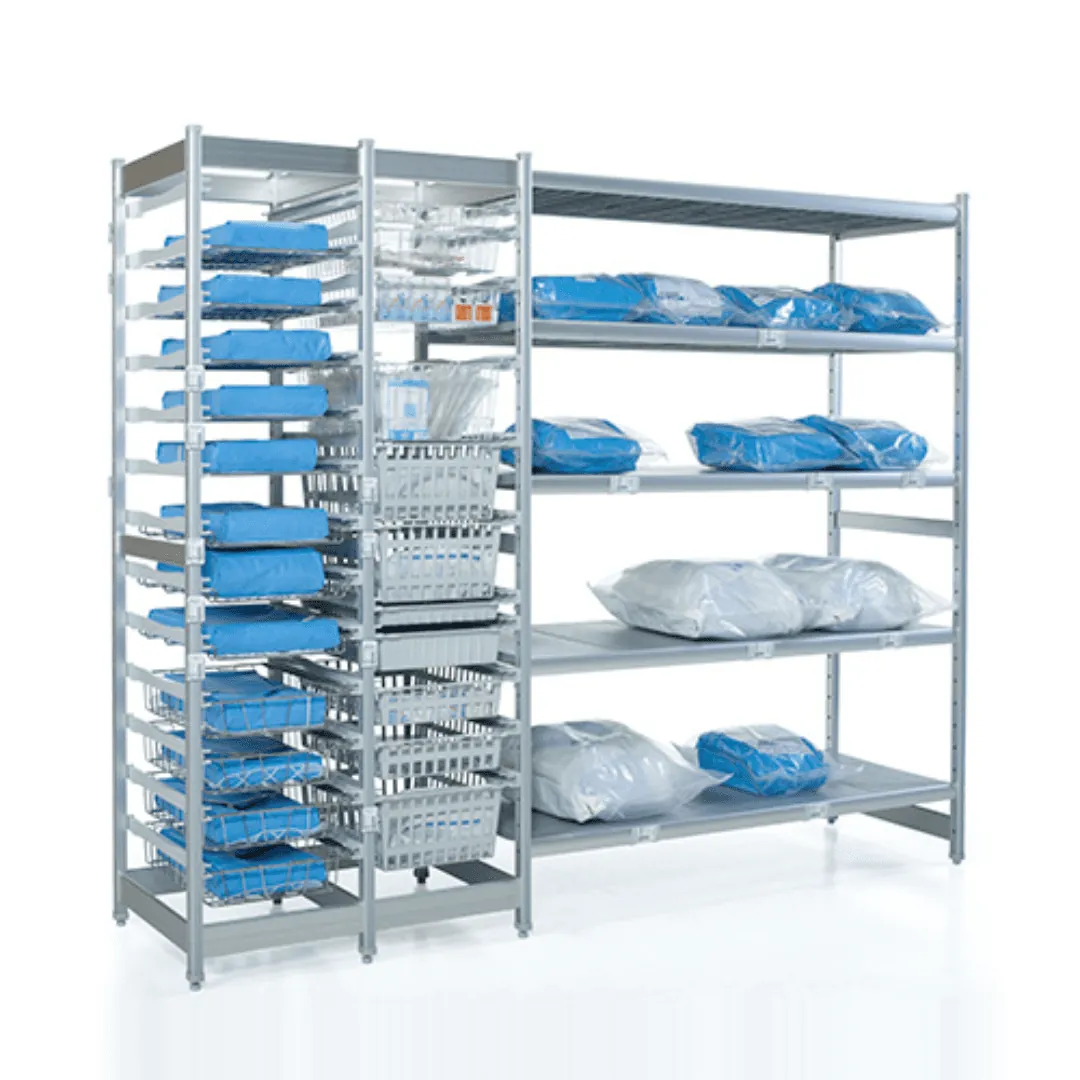 Open wire shelving with pull-out wire baskets holding wrapped sterile supply packs so air circulates and contents stay visible