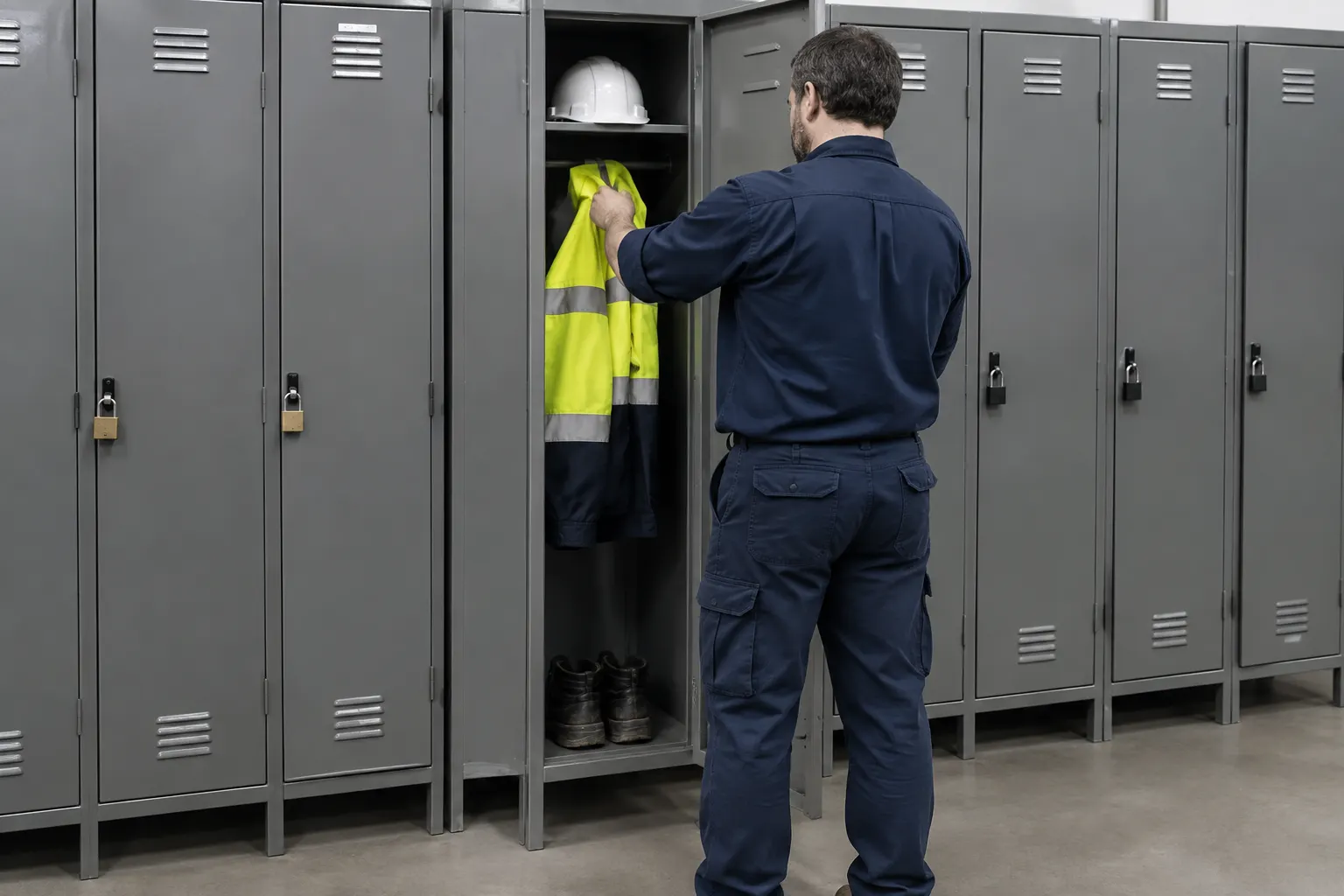 Plant worker hanging a hi-vis jacket in a full-height single-tier steel locker with a hard hat on the top shelf