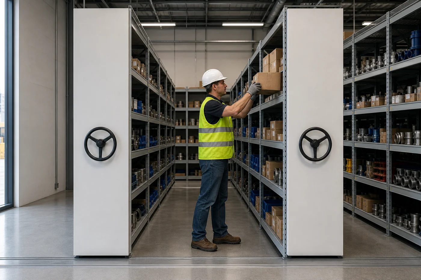Warehouse worker in a hard hat and hi-vis vest placing a boxed component onto a shelf inside an open aisle of heavy duty mobile shelving carriages with visible handwheels