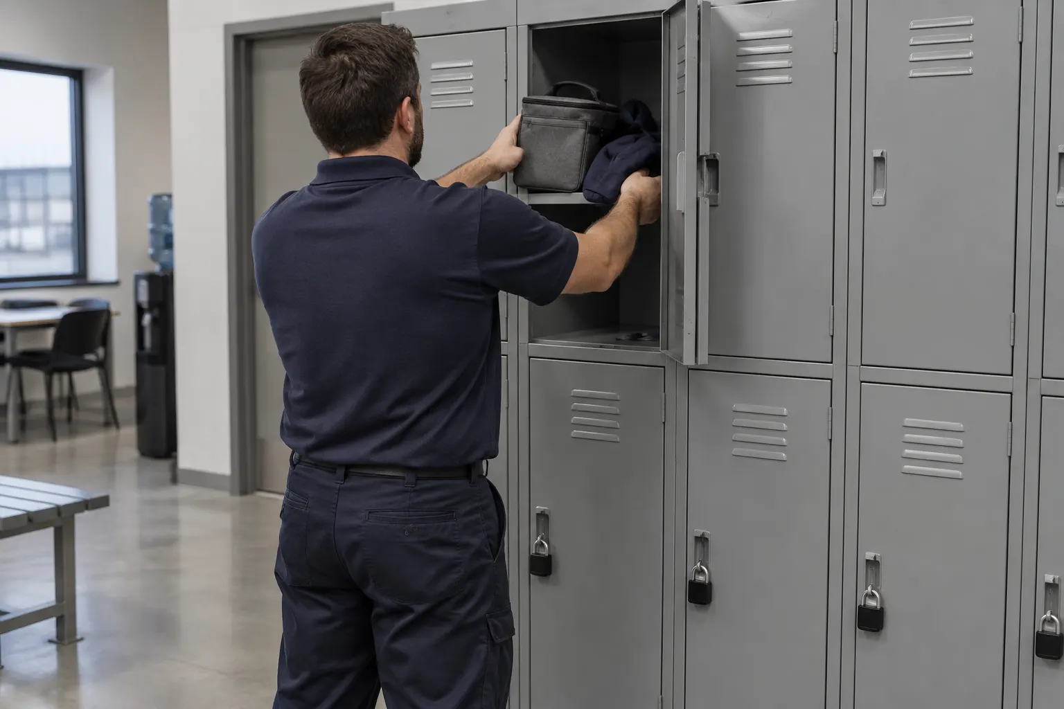 Warehouse worker placing a lunch bag and jacket in the upper compartment of a double-tier steel locker bank