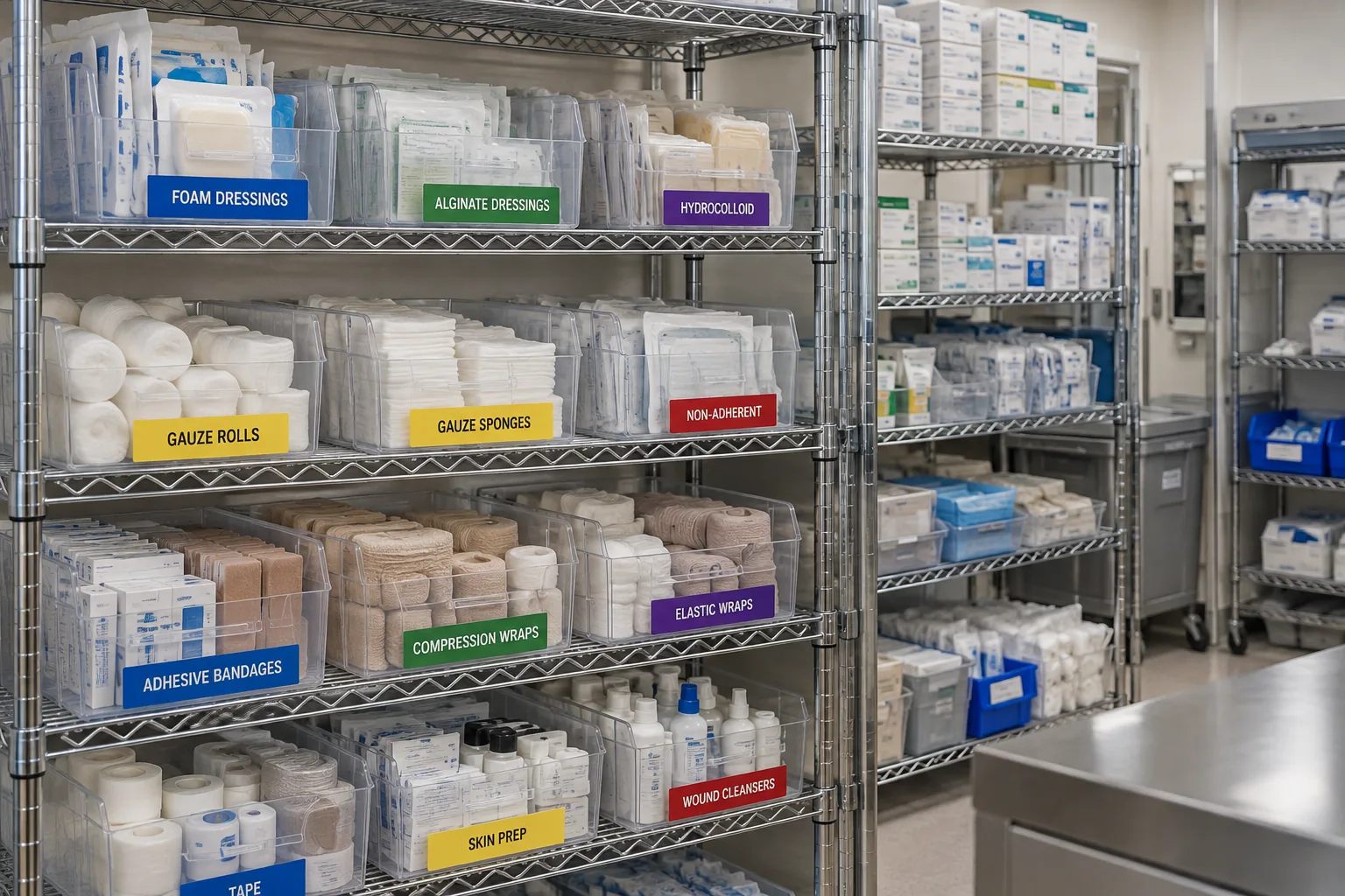 Color-coded bins of wound care dressings, gauze and wraps organized on wire shelving in a hospital supply room