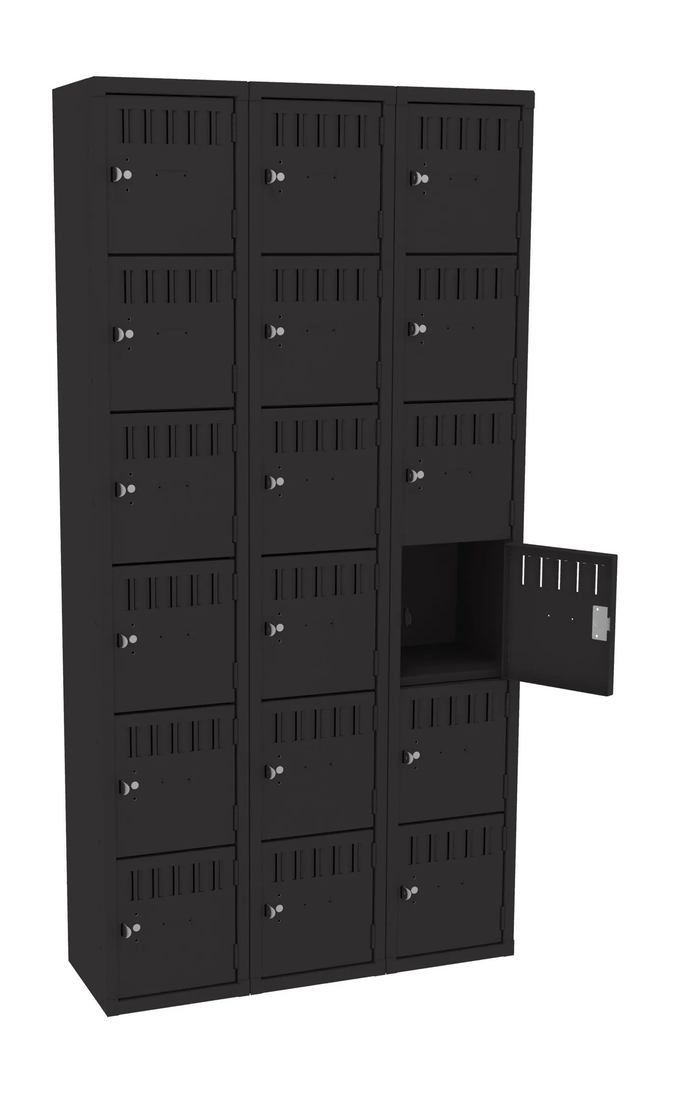 Three-wide six-tier Tennsco steel box locker in black without legs with one door open