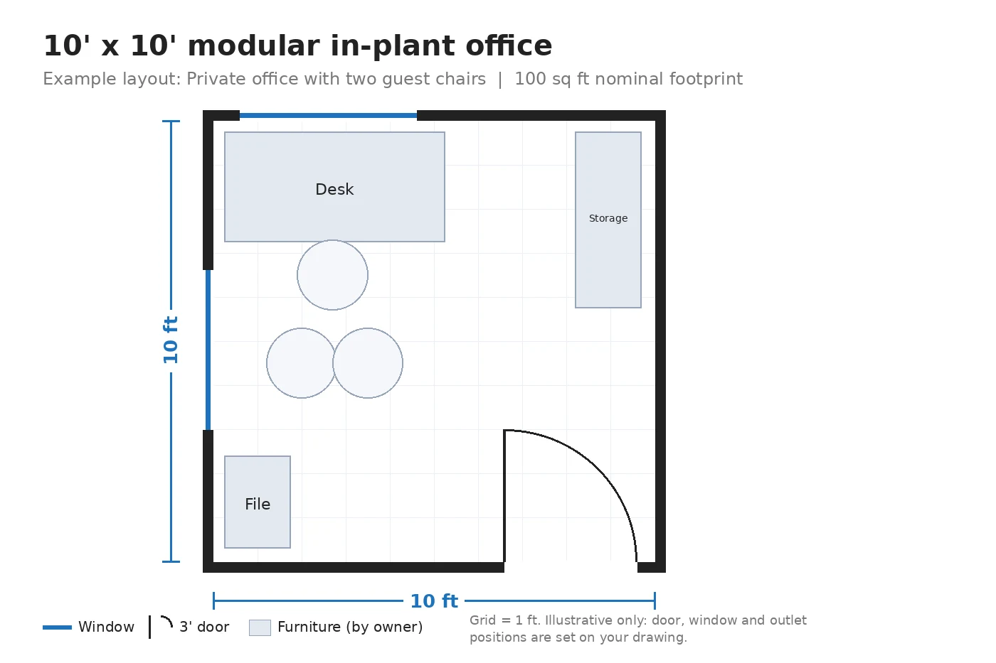 Example floor plan of a 10' x 10' modular office